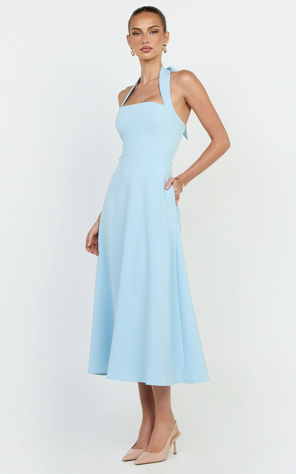 Karissa Midi Dress - Halter Neck Fitted Bodice Midi Soft A Line Skirt Dress in Pale Blue