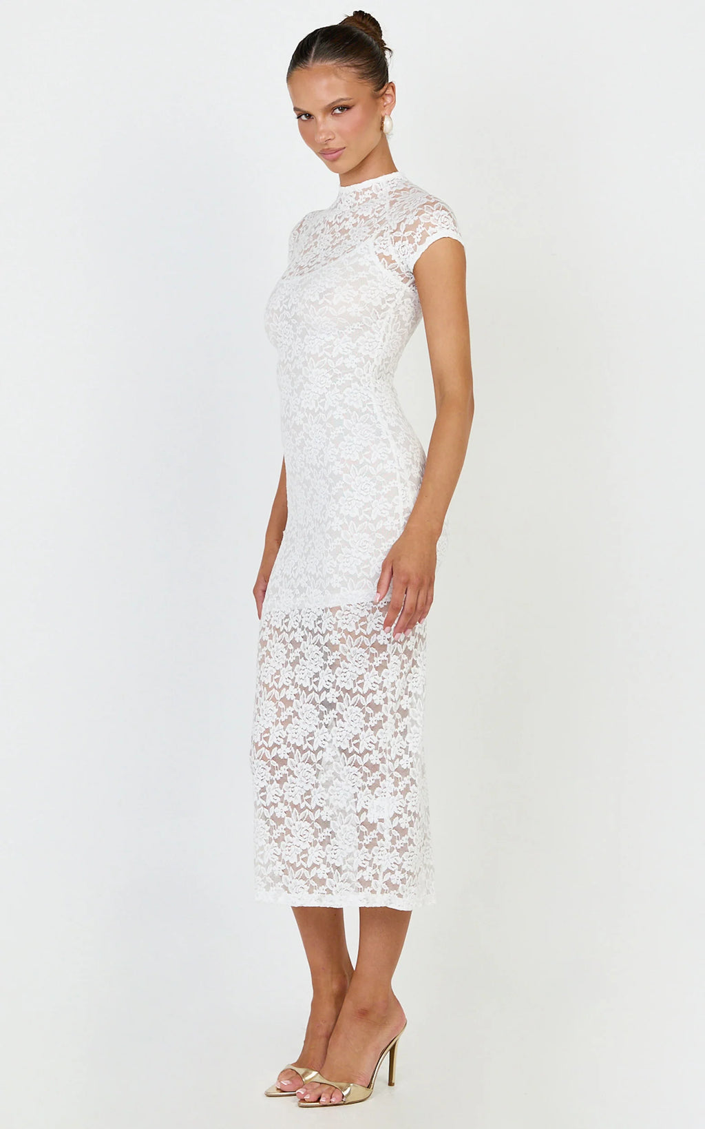 Emma Midi Dress - Lace Cap Sleeve Bodycon Dress in White