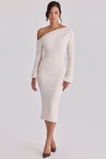 vintage ivory draped crepe one shoulder midi dress