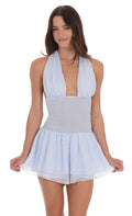 Dotted Halter Smocked Romper in Baby Blue