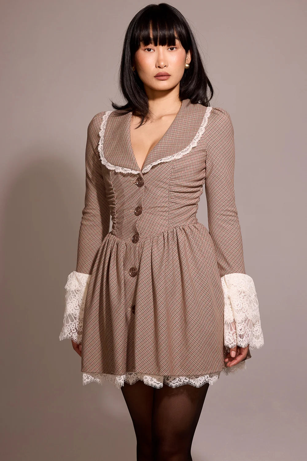 brown puppytooth check mini dress - sale