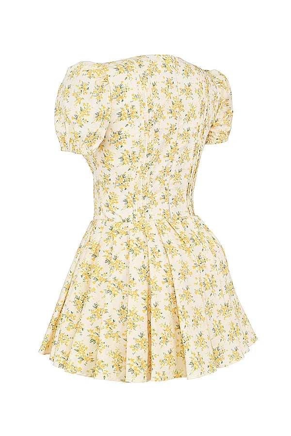 buttercup vintage floral print pleated cotton mini dress