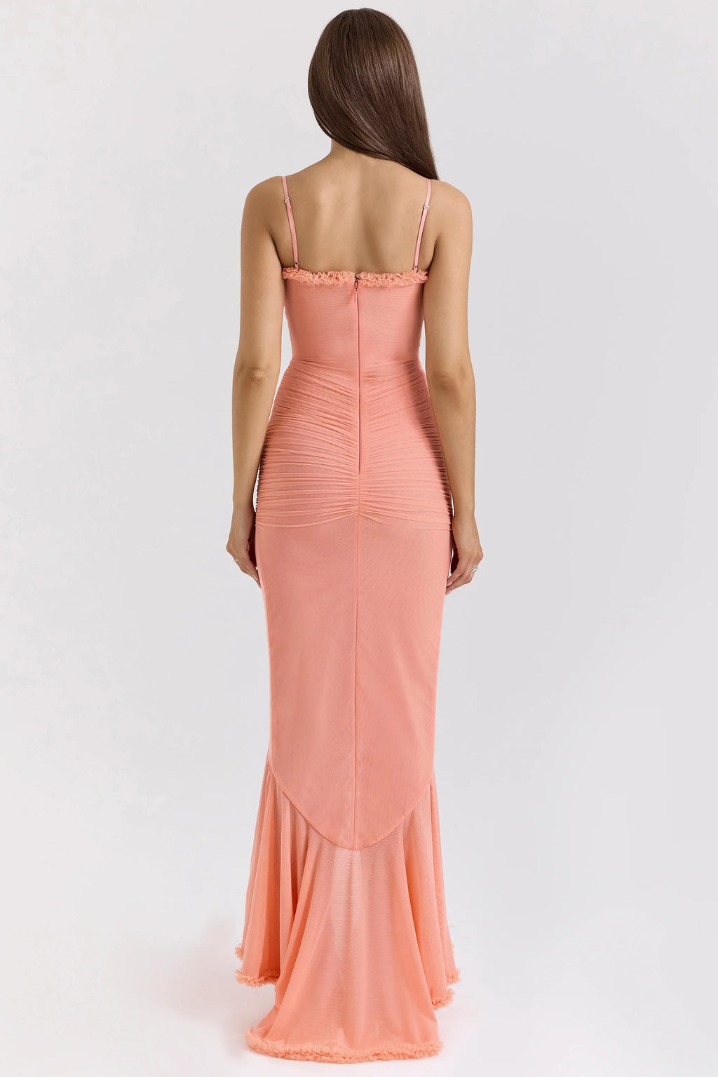 peach mesh ruffled front gown