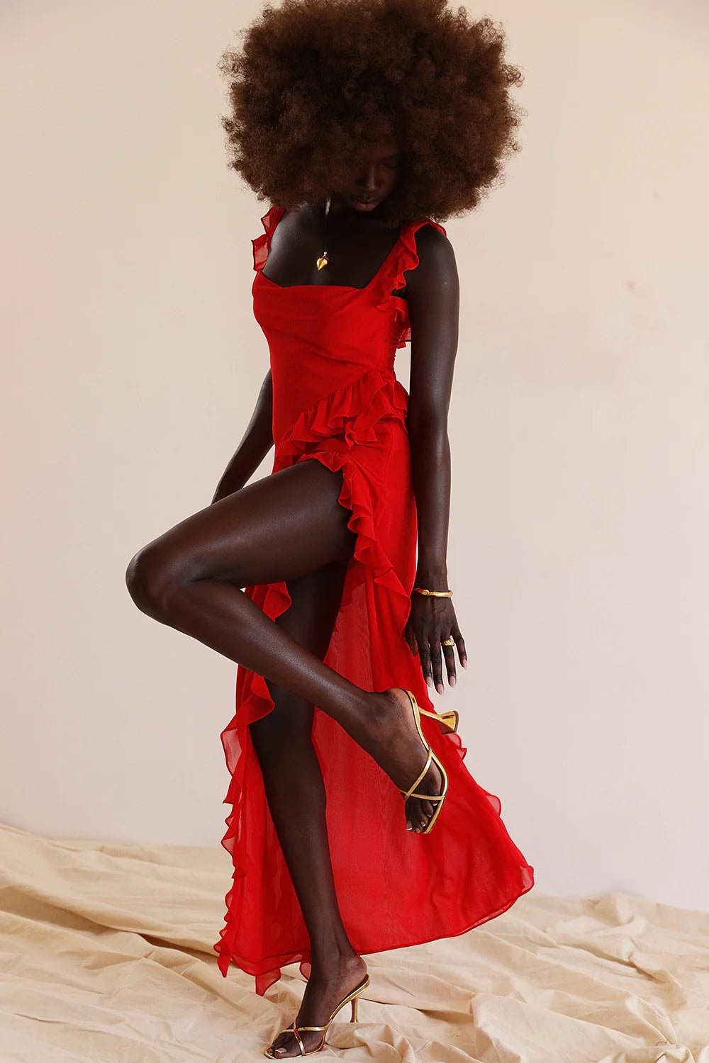 cherry ruffle maxi dress