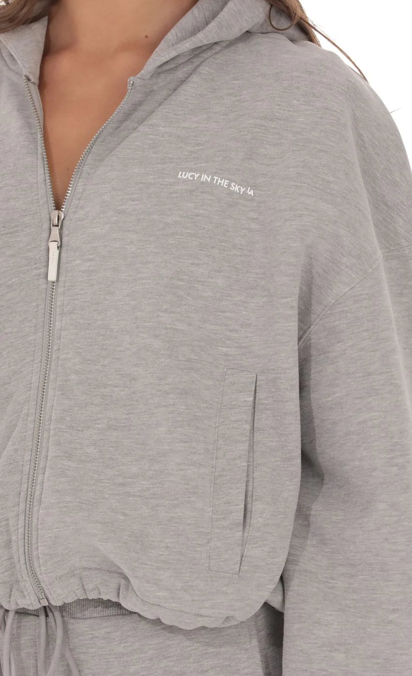 Cropped Fleece Zip-Up Hoodie in Grey