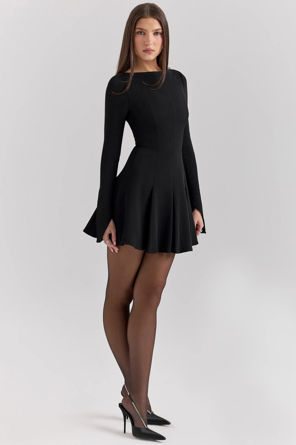 black stretch crepe godet mini dress