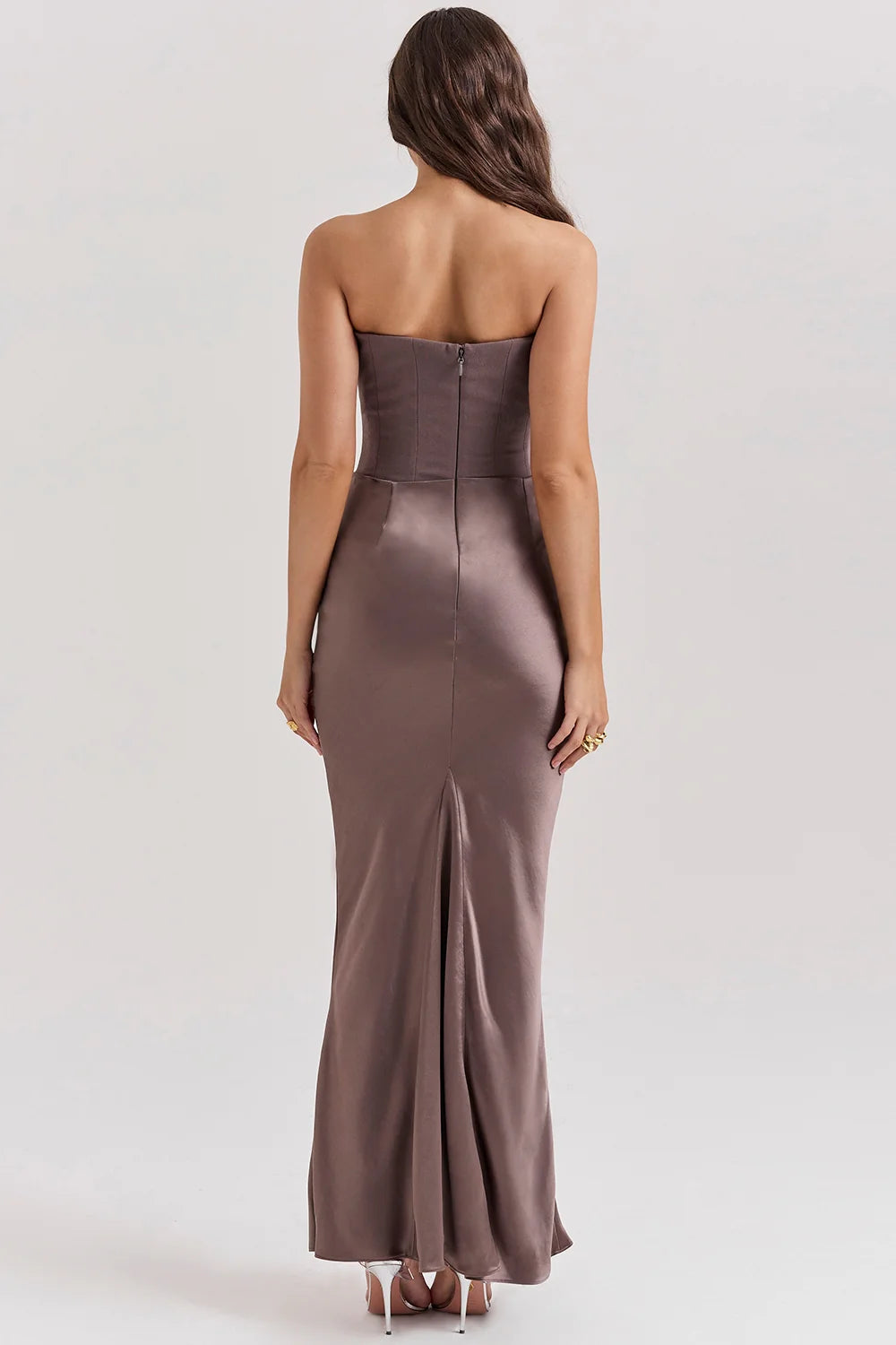 smoke strapless corset maxi dress