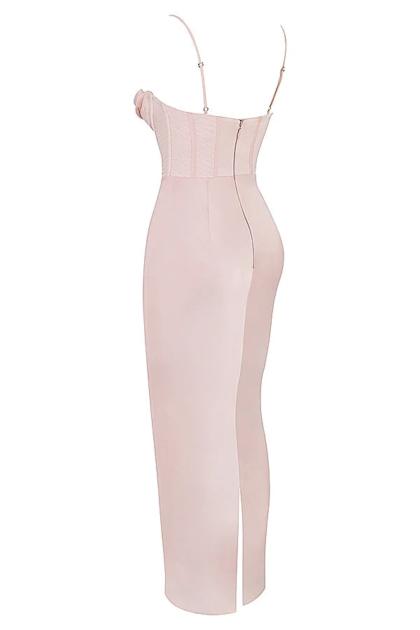 blush pink corset maxi dress