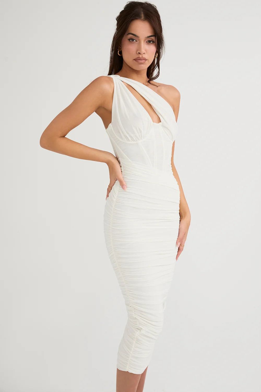 ivory asymmetric cutout midi dress
