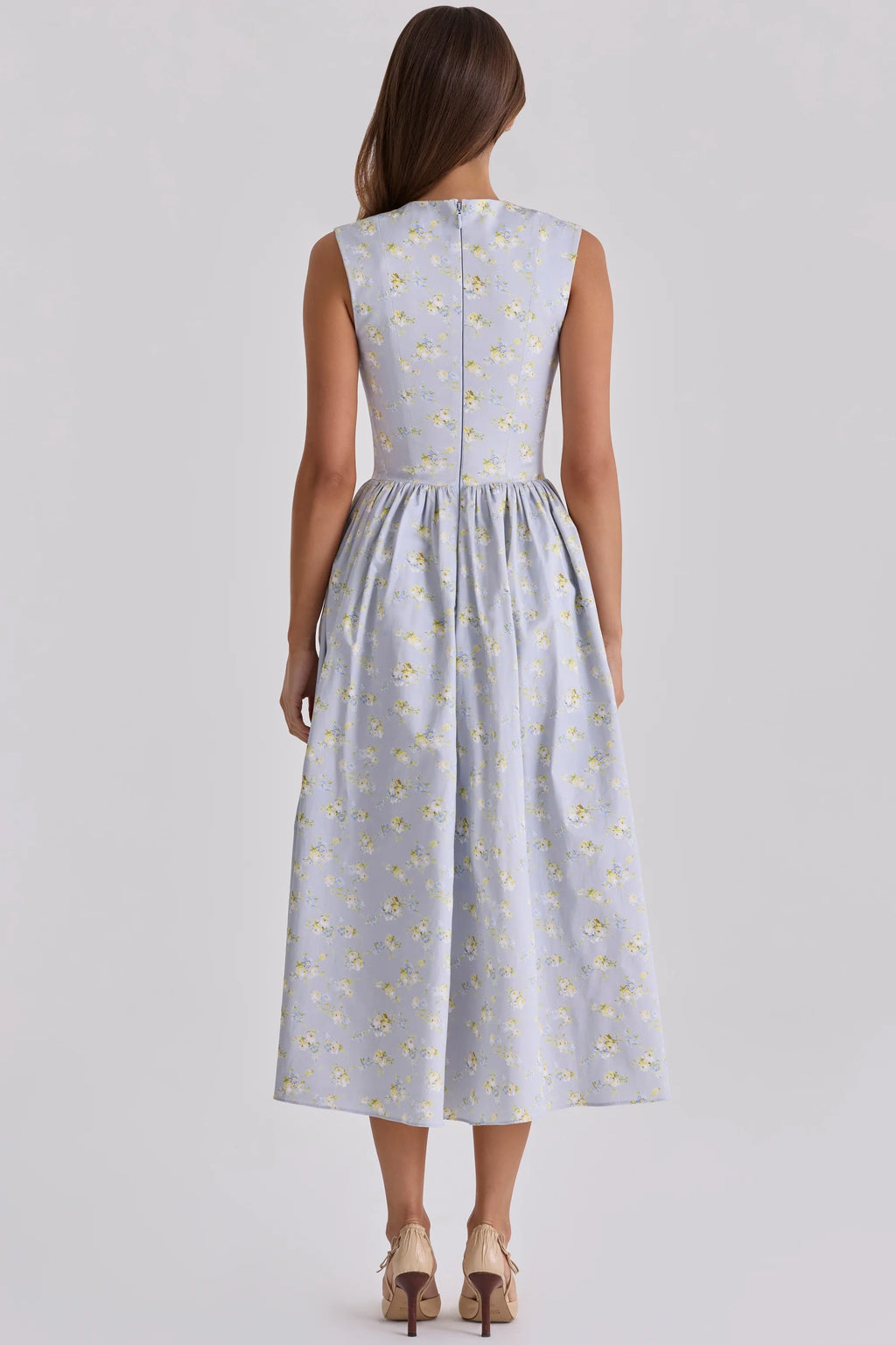 blue wildflower print cotton midi sundress