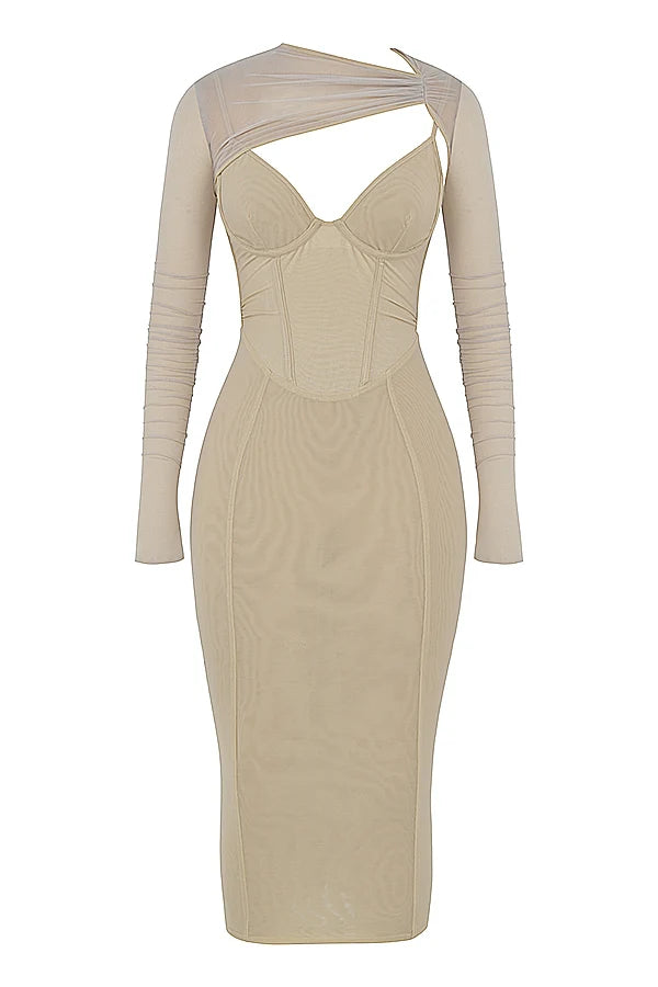 beige corset midi dress