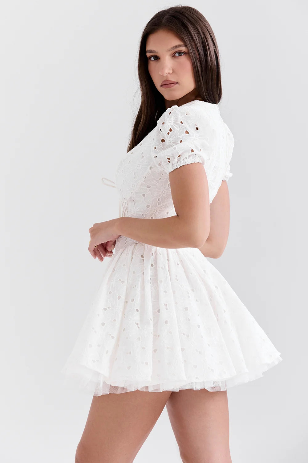 white pleated broderie anglais mini dress