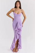 orchid mesh ruffled front gown