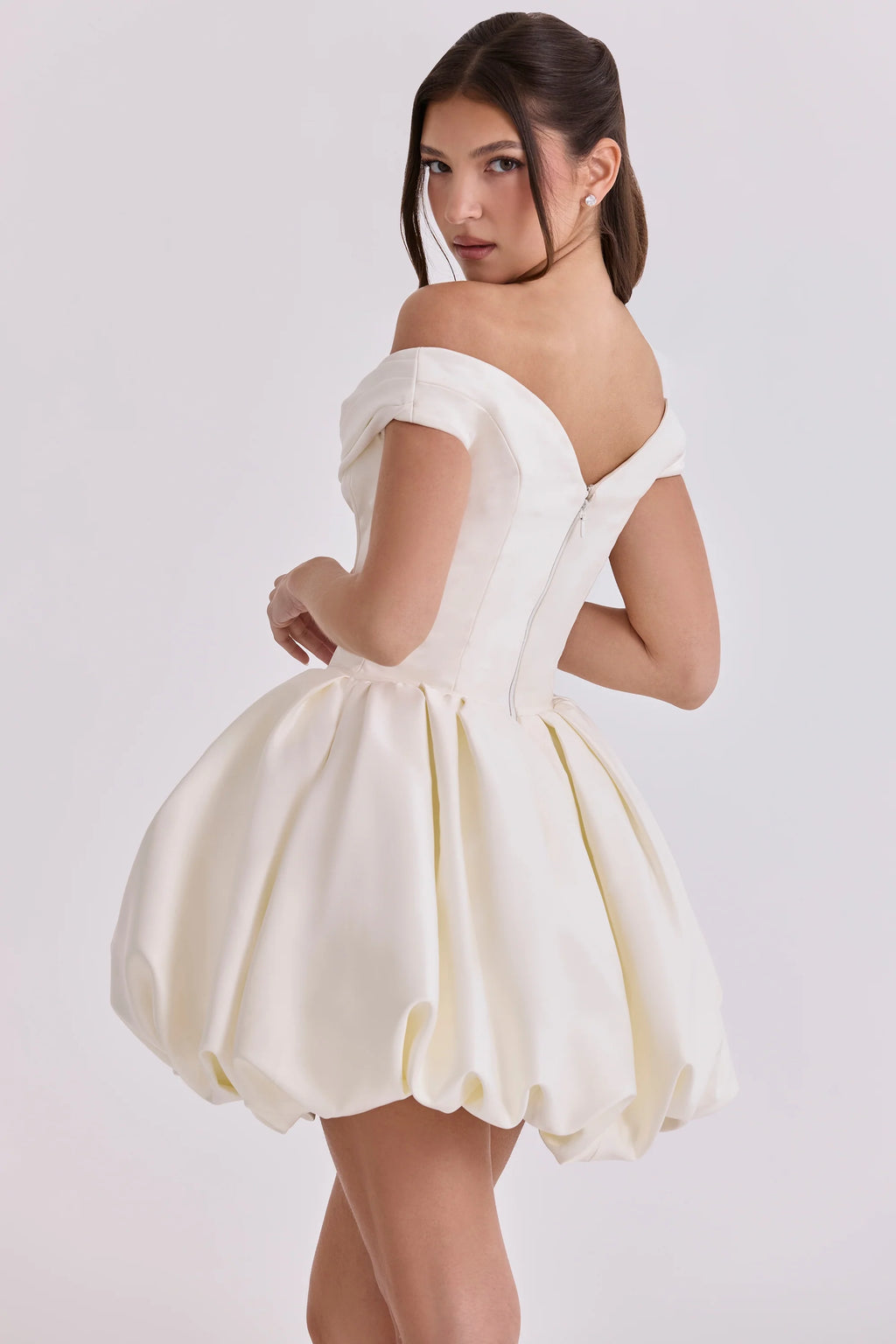 ivory satin off shoulder mini bridal gown