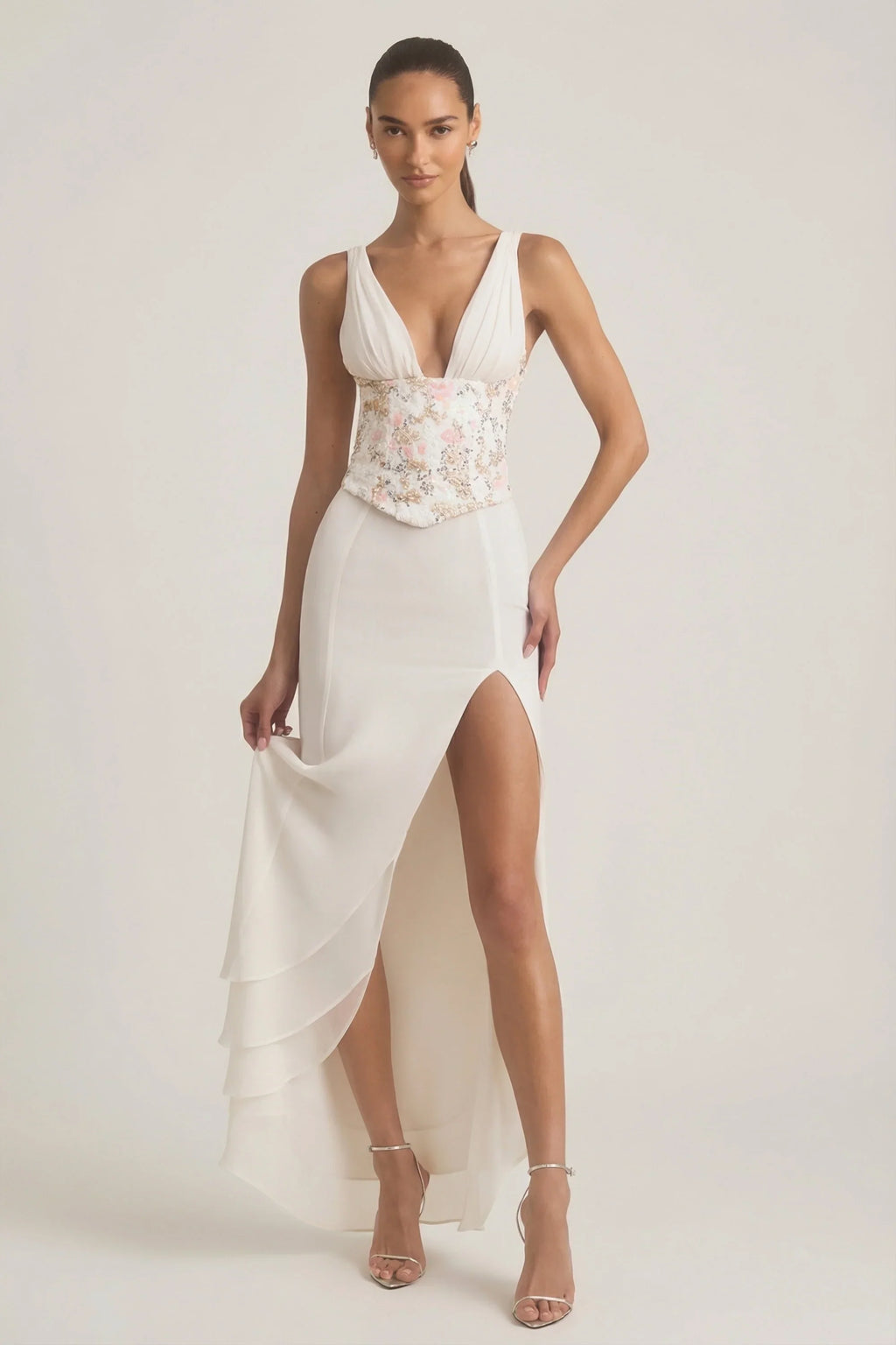 Embellished Plunge Ruffled Corset Maxi Dress in Ivory