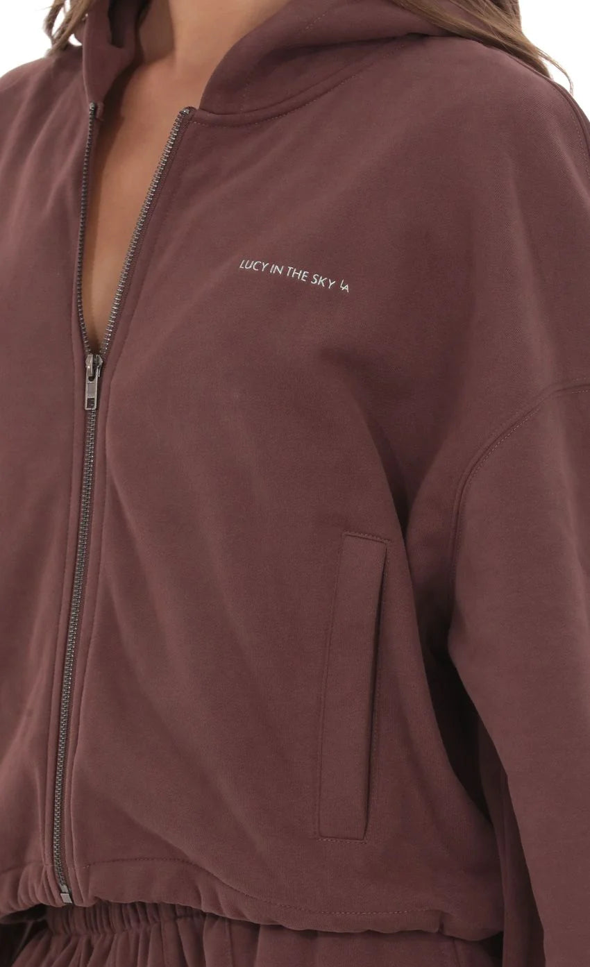 Cropped Fleece Zip-Up Hoodie in Brown