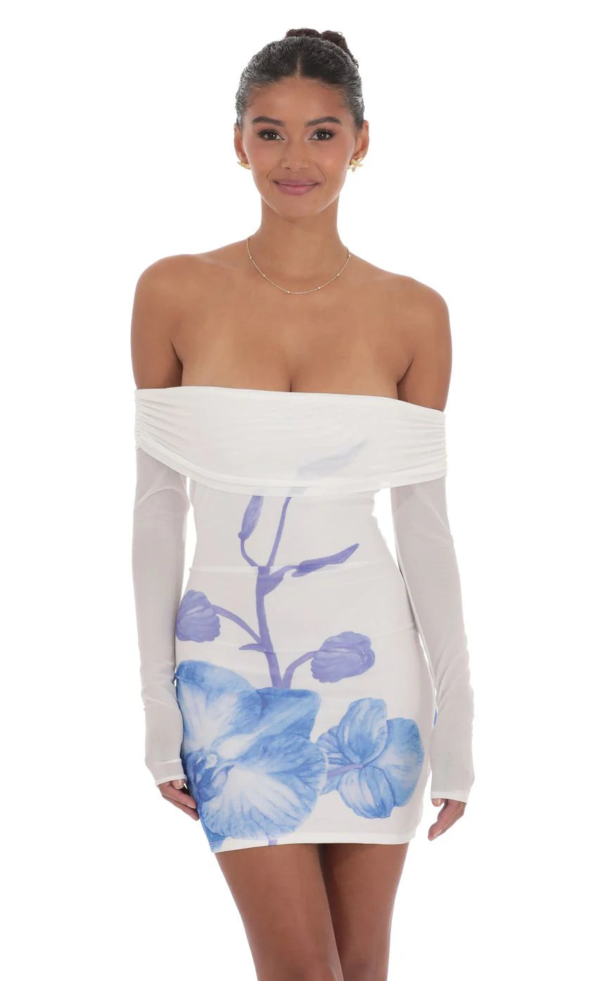 Floral Mesh Off Shoulder Dress in White