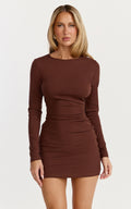 Brielle Mini Dress - Long Sleeve Ruched Bodycon Dress in Chocolate