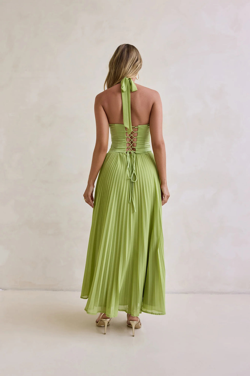 Paradise Falls Plisse Halter Maxi Dress Lime Green