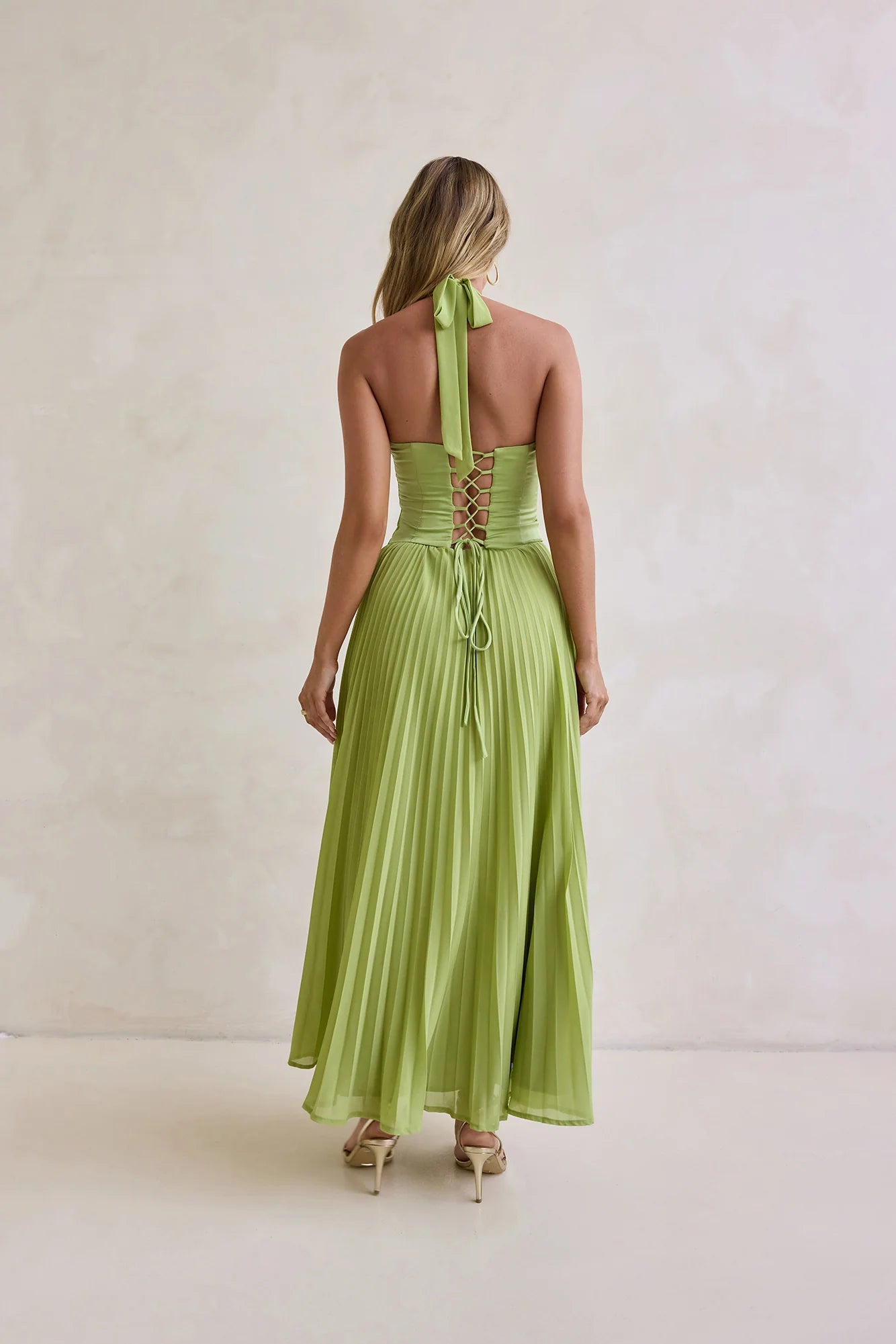 Paradise Falls Plisse Halter Maxi Dress Lime Green