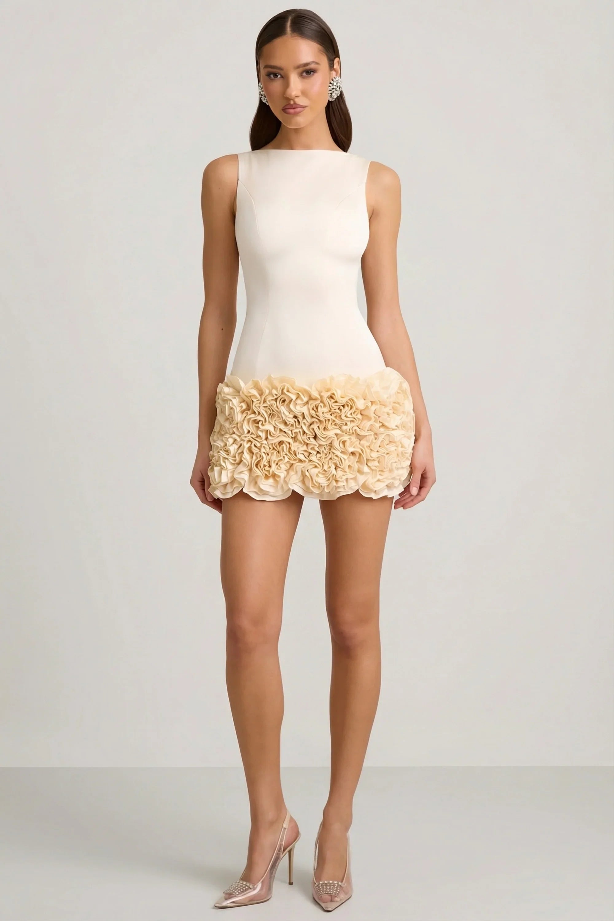 Satin Floral Appliqué Open-Back Mini Dress in Ivory