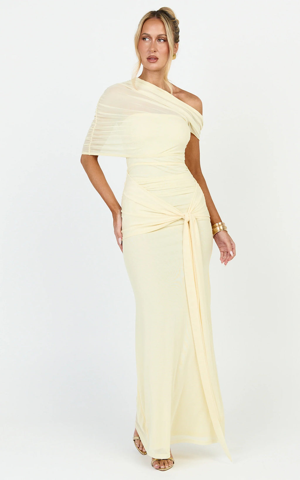 Nicolette Maxi Dress - Cape Sleeve Off Shoulder Dress in Yellow