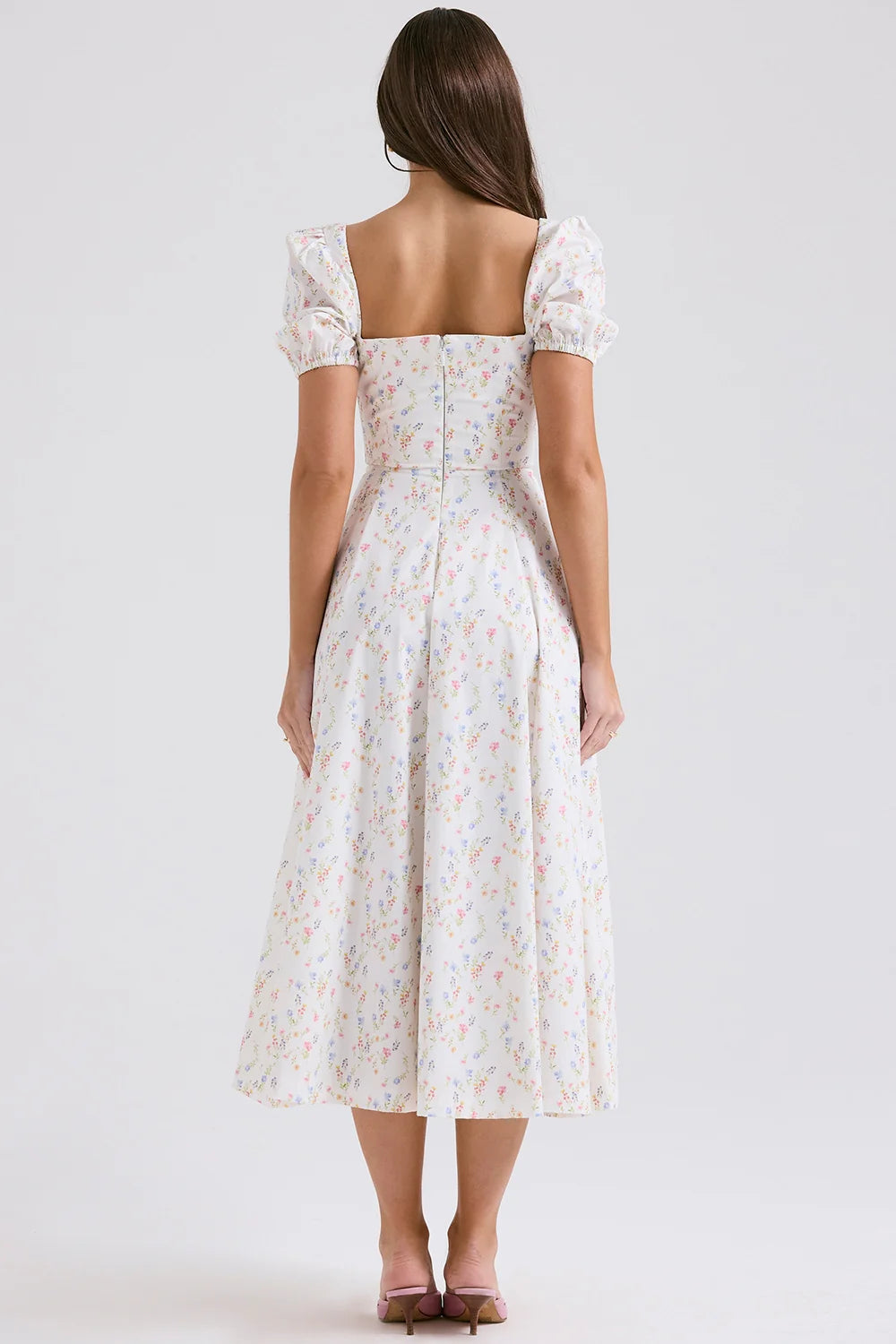 white posy print cotton puff sleeve midi sundress