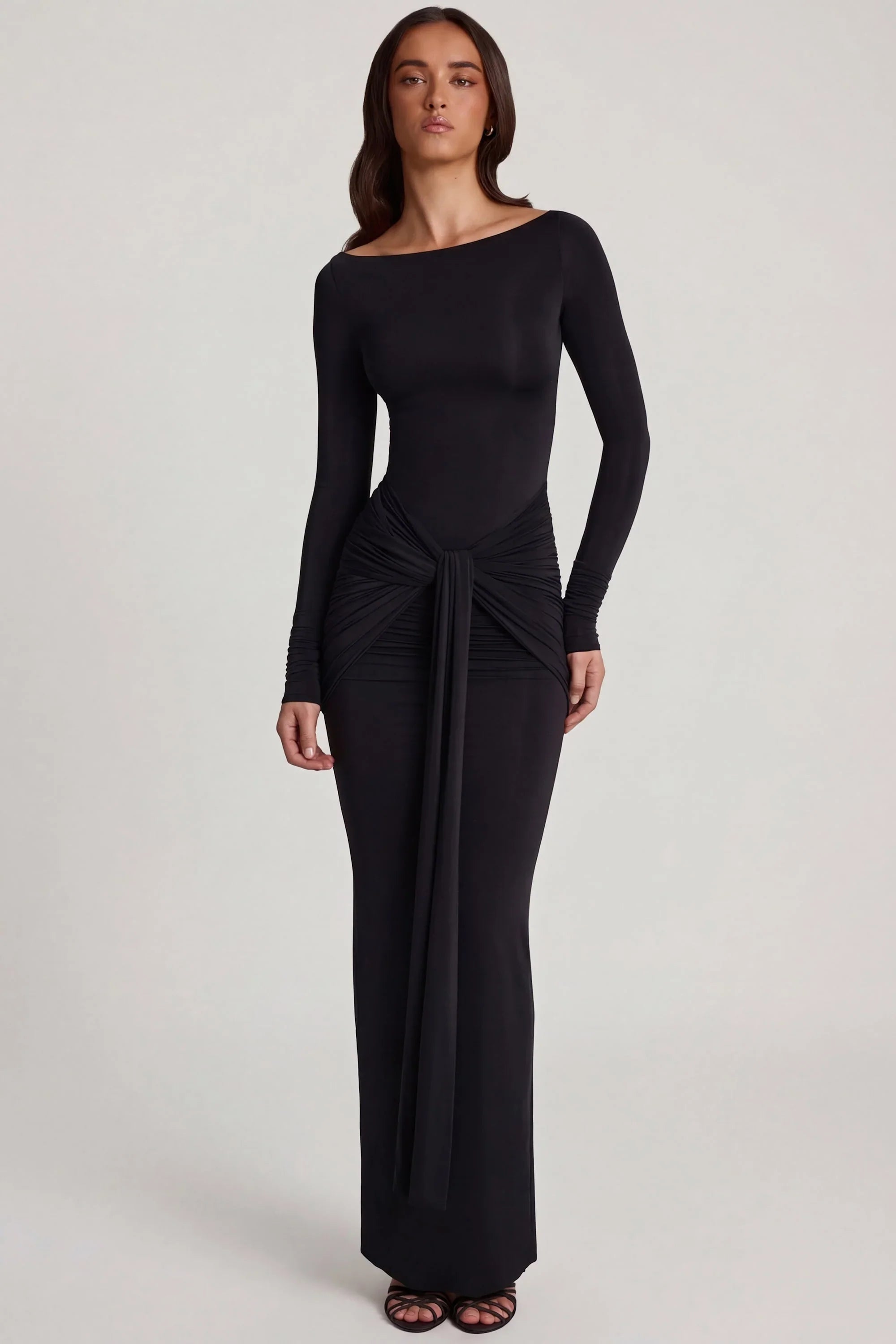 Soft Jersey Boat-Neck Tie-Gather Maxi Dress in Black