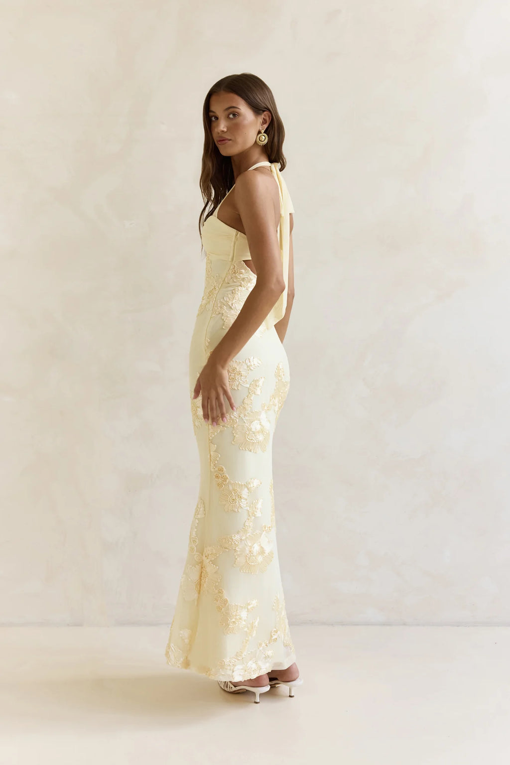 Skybloom Mesh Halter Maxi Dress Yellow