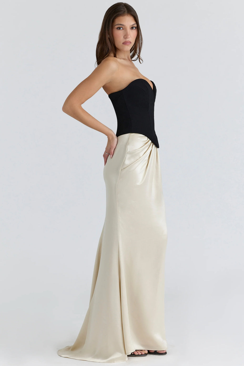 black & champagne corset maxi gown