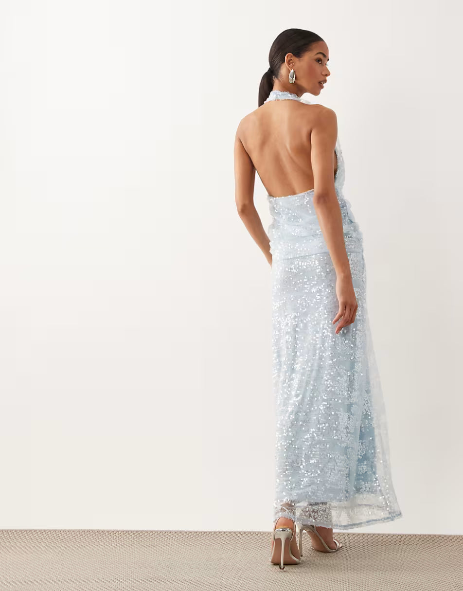 Sequin Plisse Plunge Halter Maxi Dress With Scarf Detail In Baby Blue