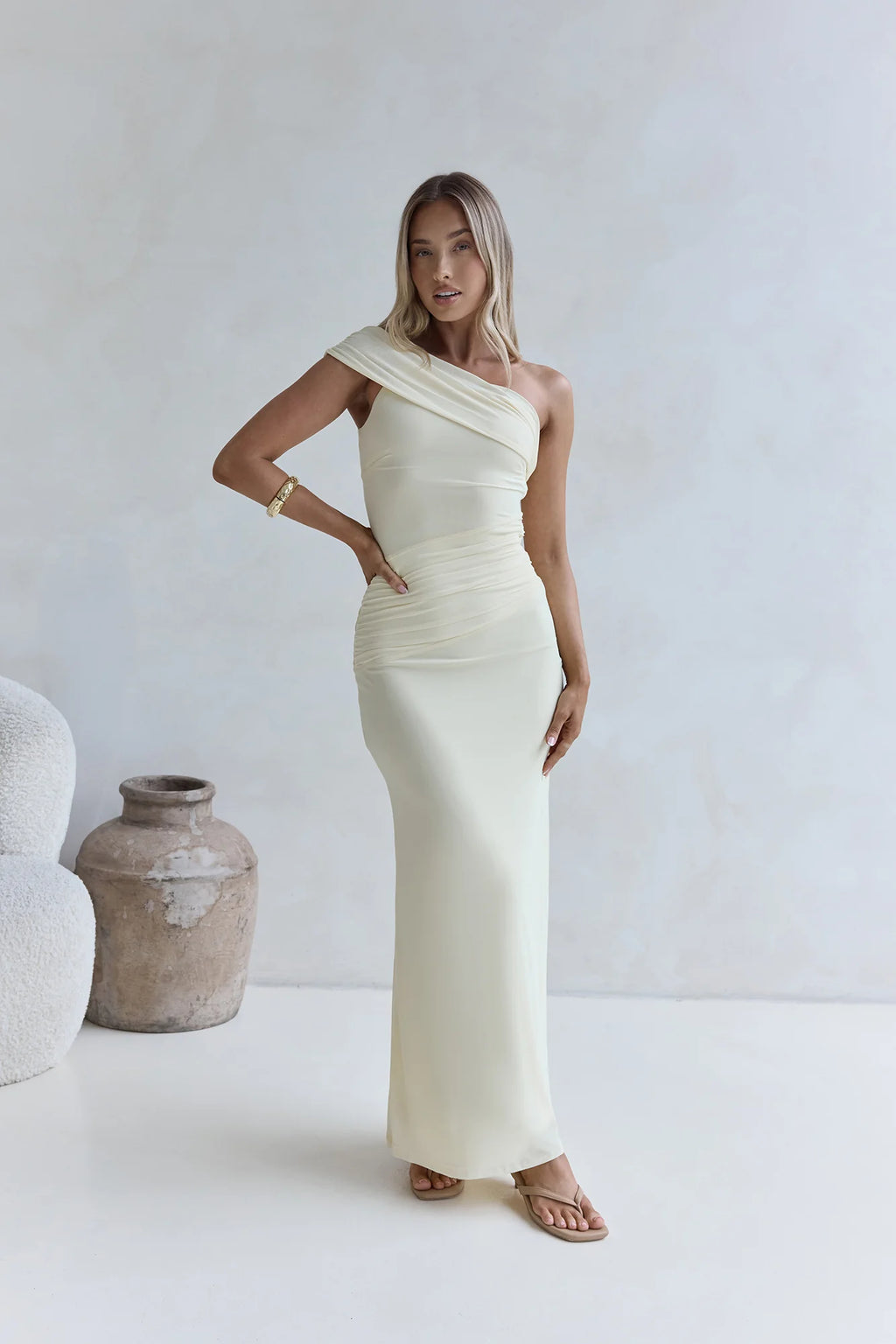 Kiss The Moon One Shoulder Mesh Maxi Dress Lemon