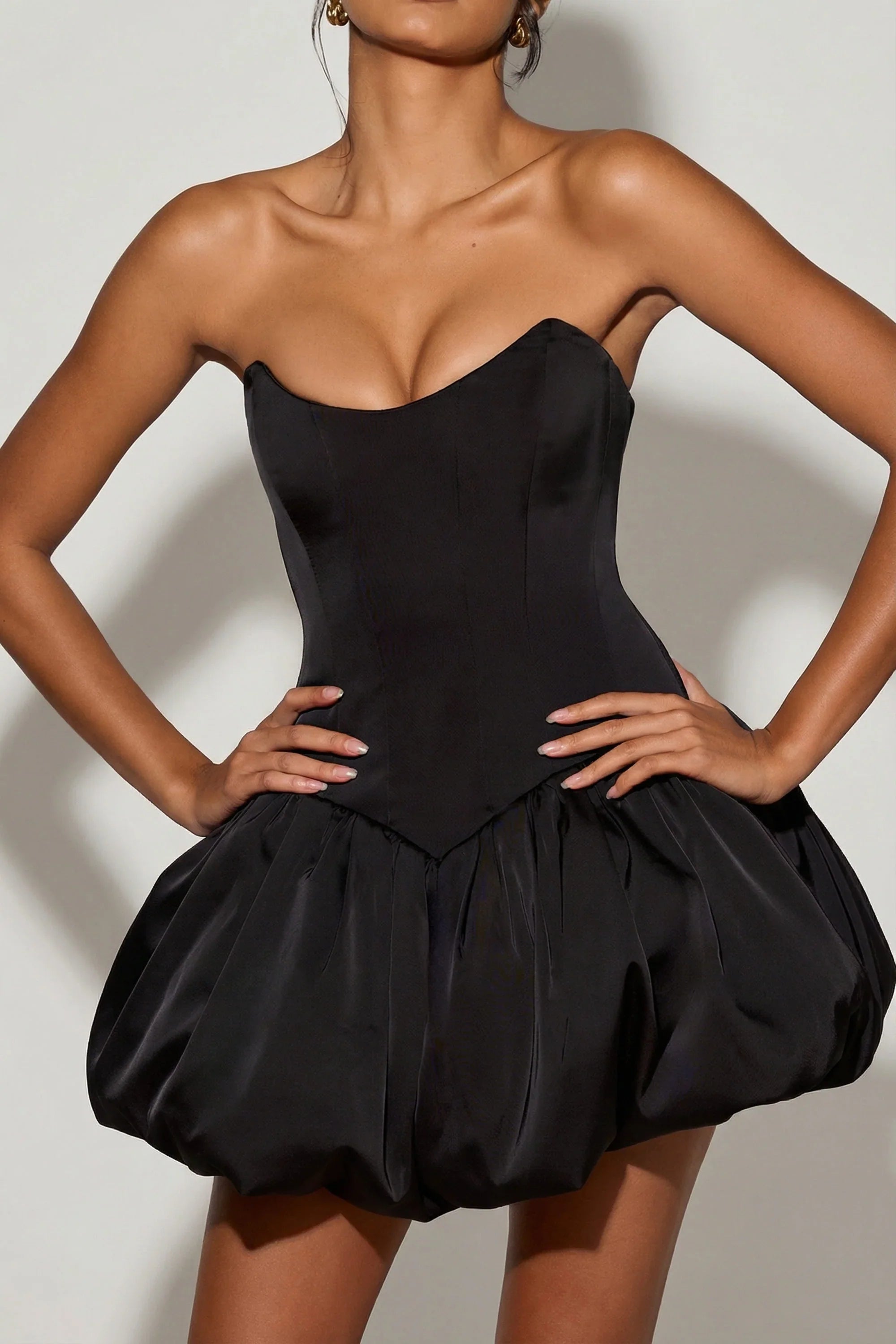 Lace-Up Bubble Hem Corset Micro Mini Dress in Black
