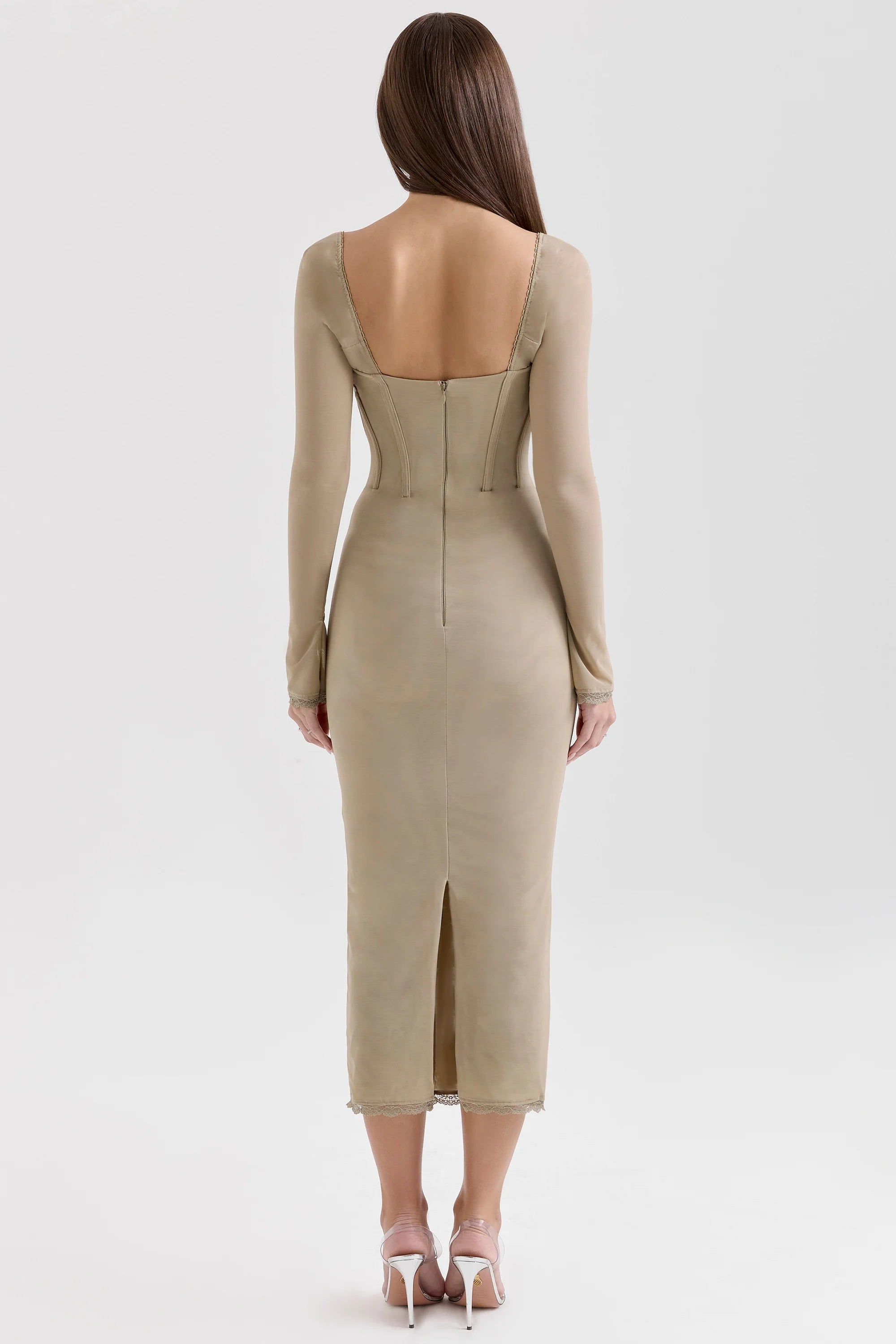 beige mesh long sleeve bodycon midi dress
