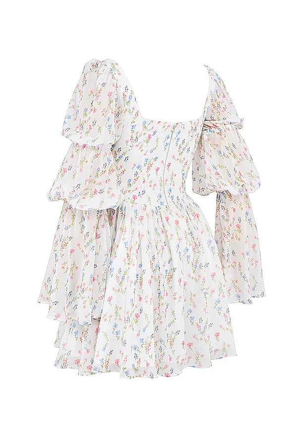 white posy print puff sleeve mini dress