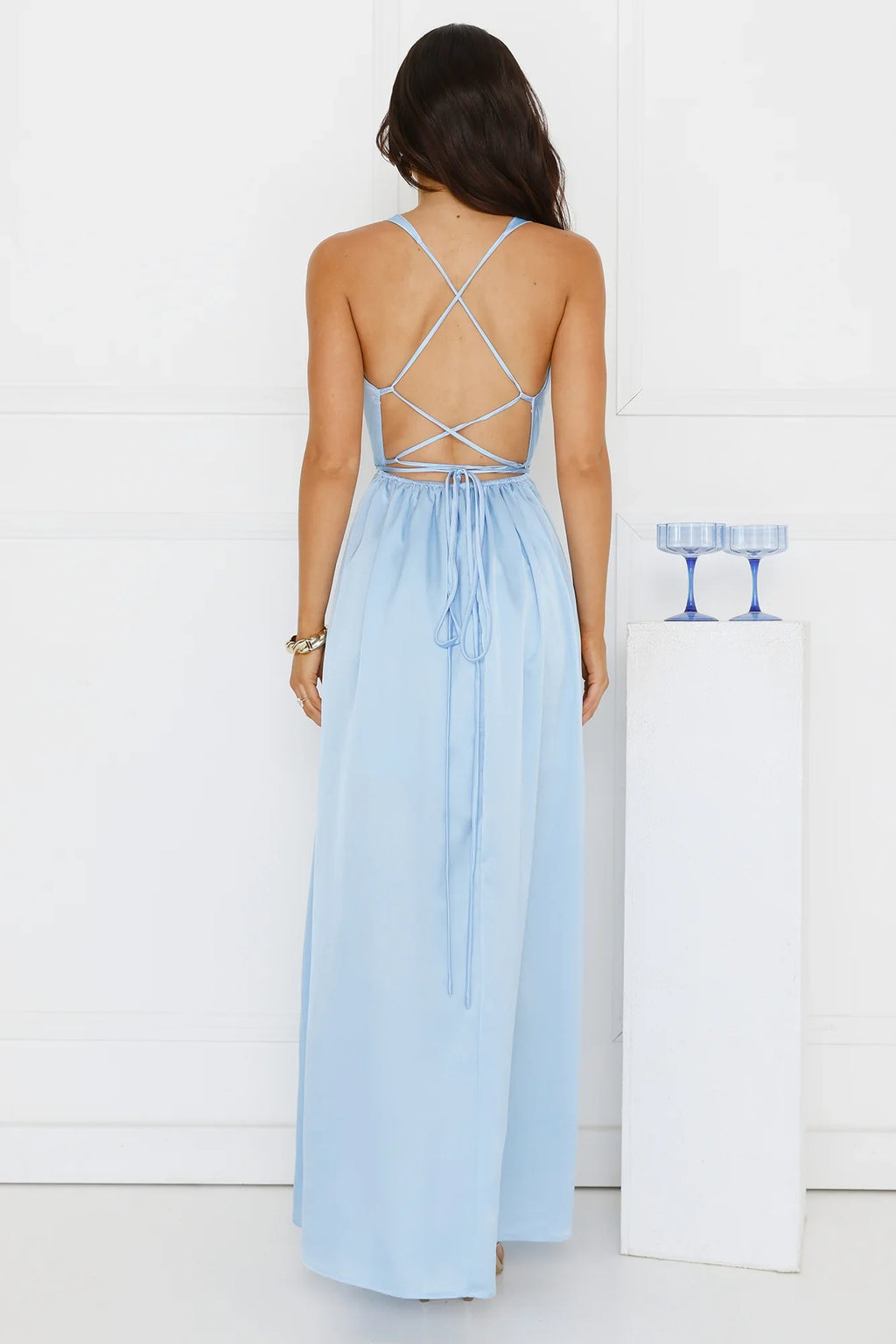 Lush Whispers Satin Maxi Dress Blue
