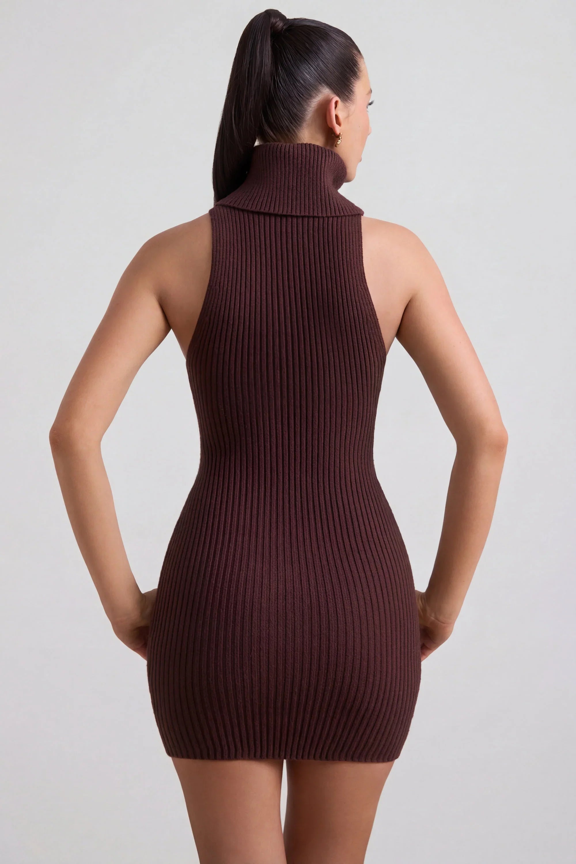 Ribbed-Knit Turtleneck Mini Dress in Espresso