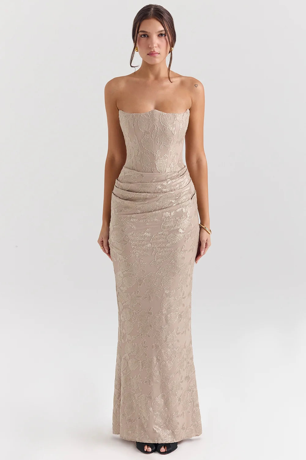 pale gold chiffon mesh strapless corset maxi dress