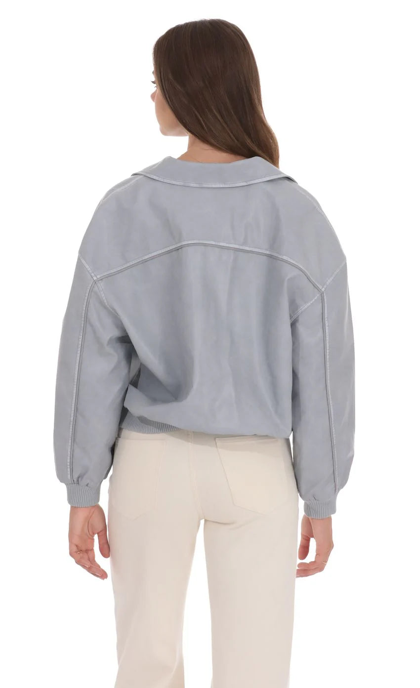 Faux Leather Bomber in Ash Blue