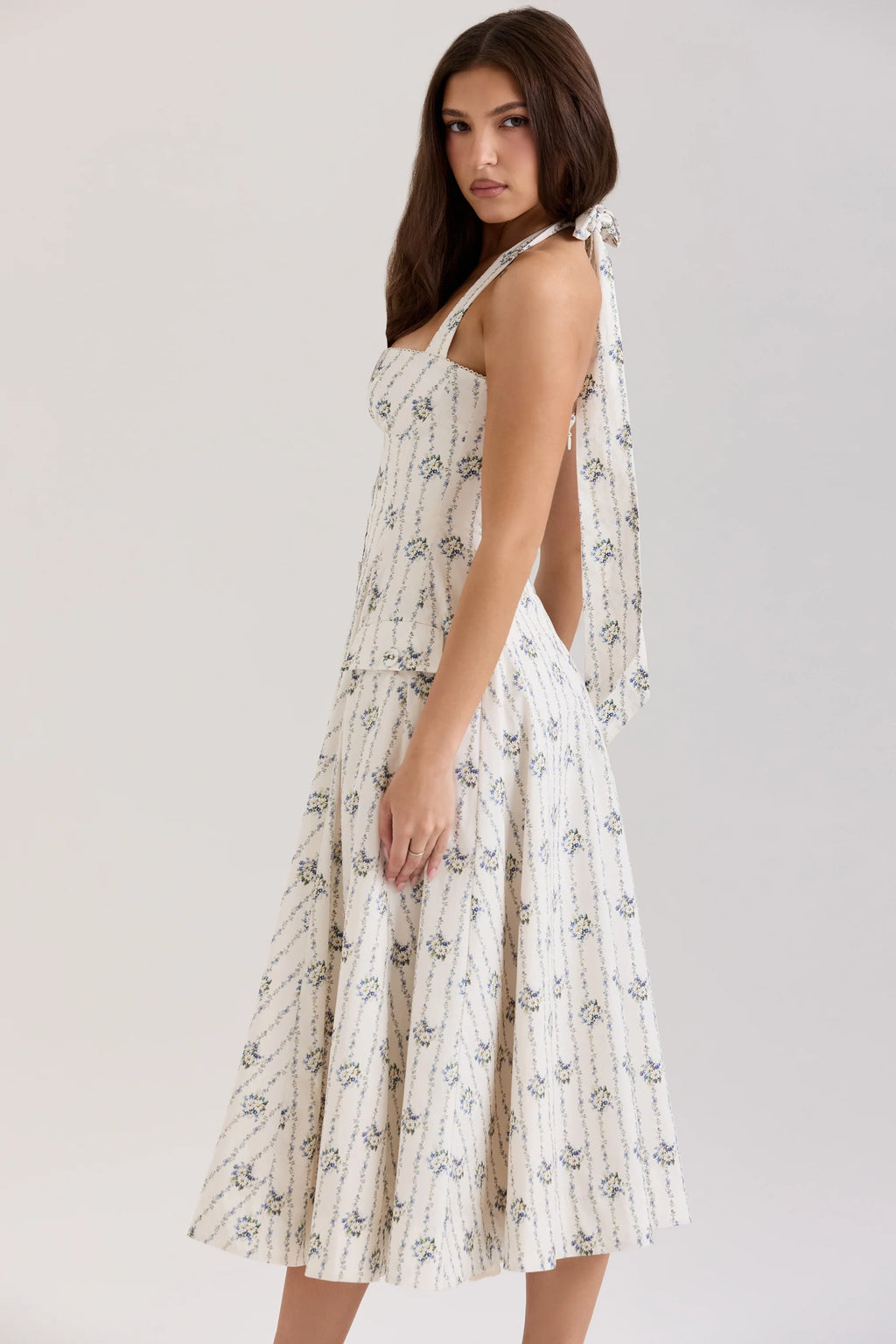 cream daisy print stretch cotton halter neck midi dress