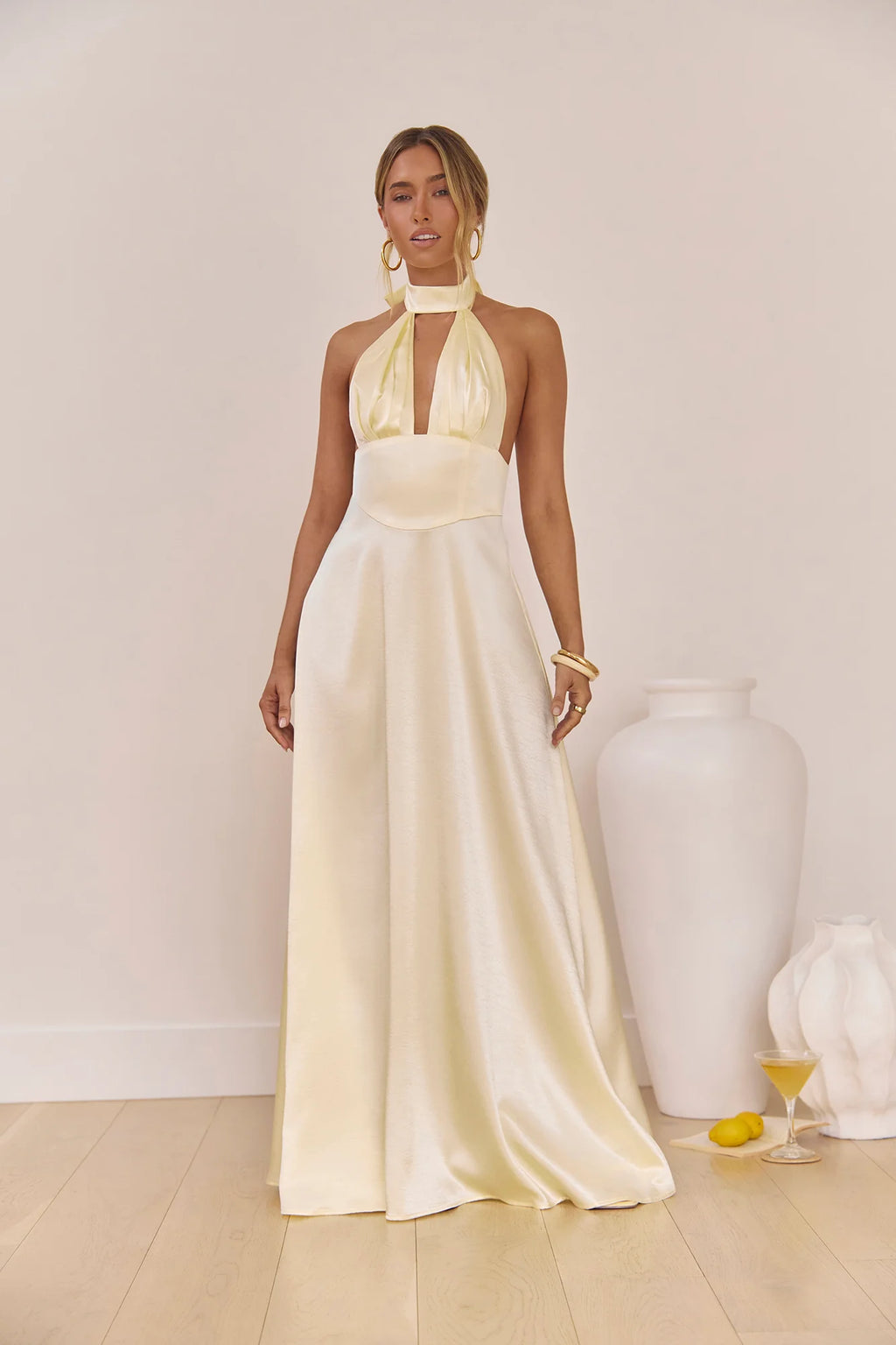 Hour Of Love Satin Halter Maxi Dress Yellow