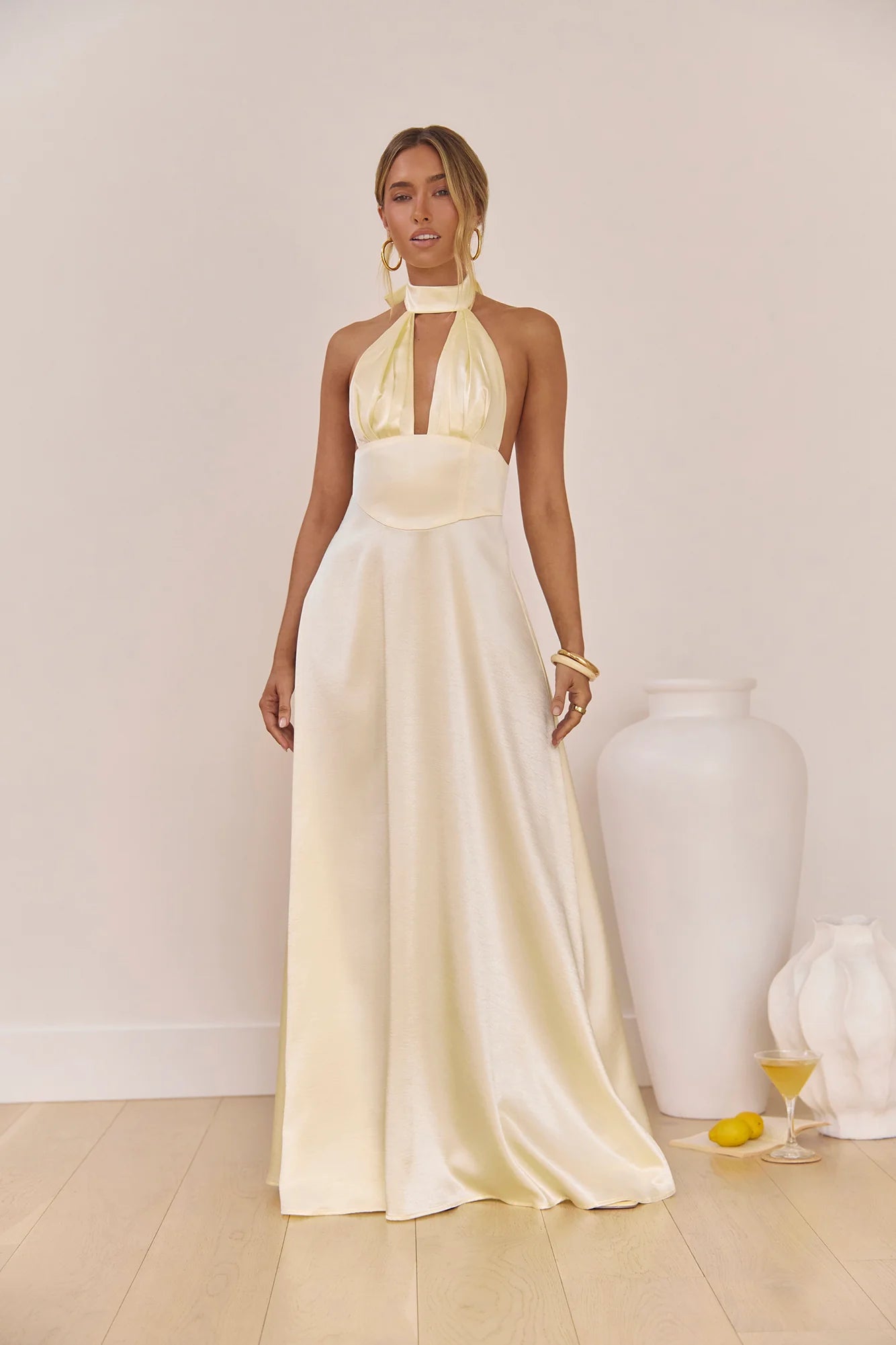 Hour Of Love Satin Halter Maxi Dress Yellow