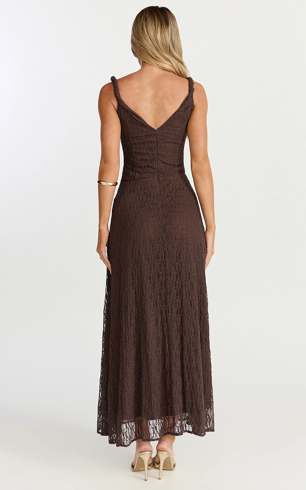 Abby Midi Dress - High Neck Asym Detail Dress in Chocolate