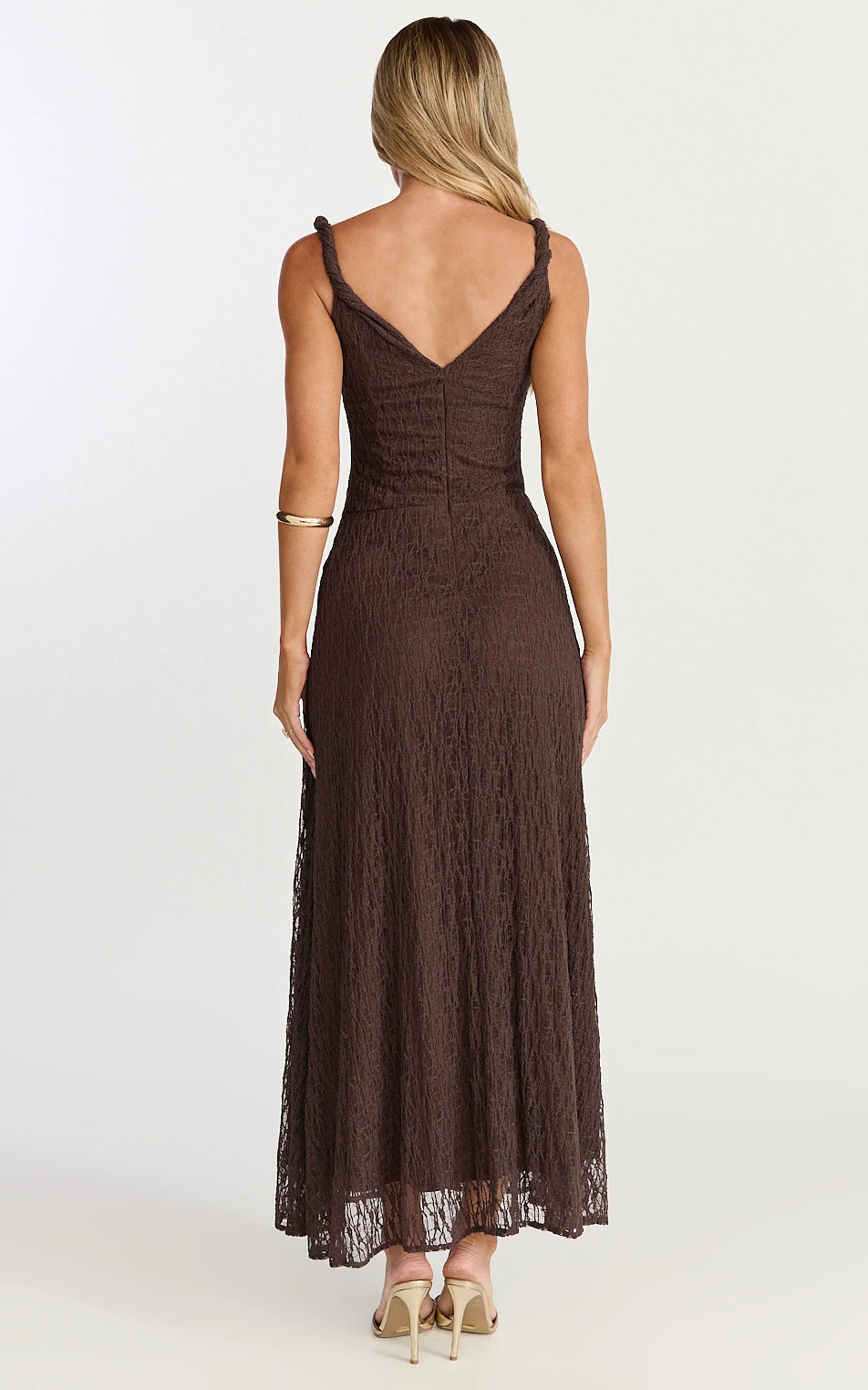 Abby Midi Dress - High Neck Asym Detail Dress in Chocolate