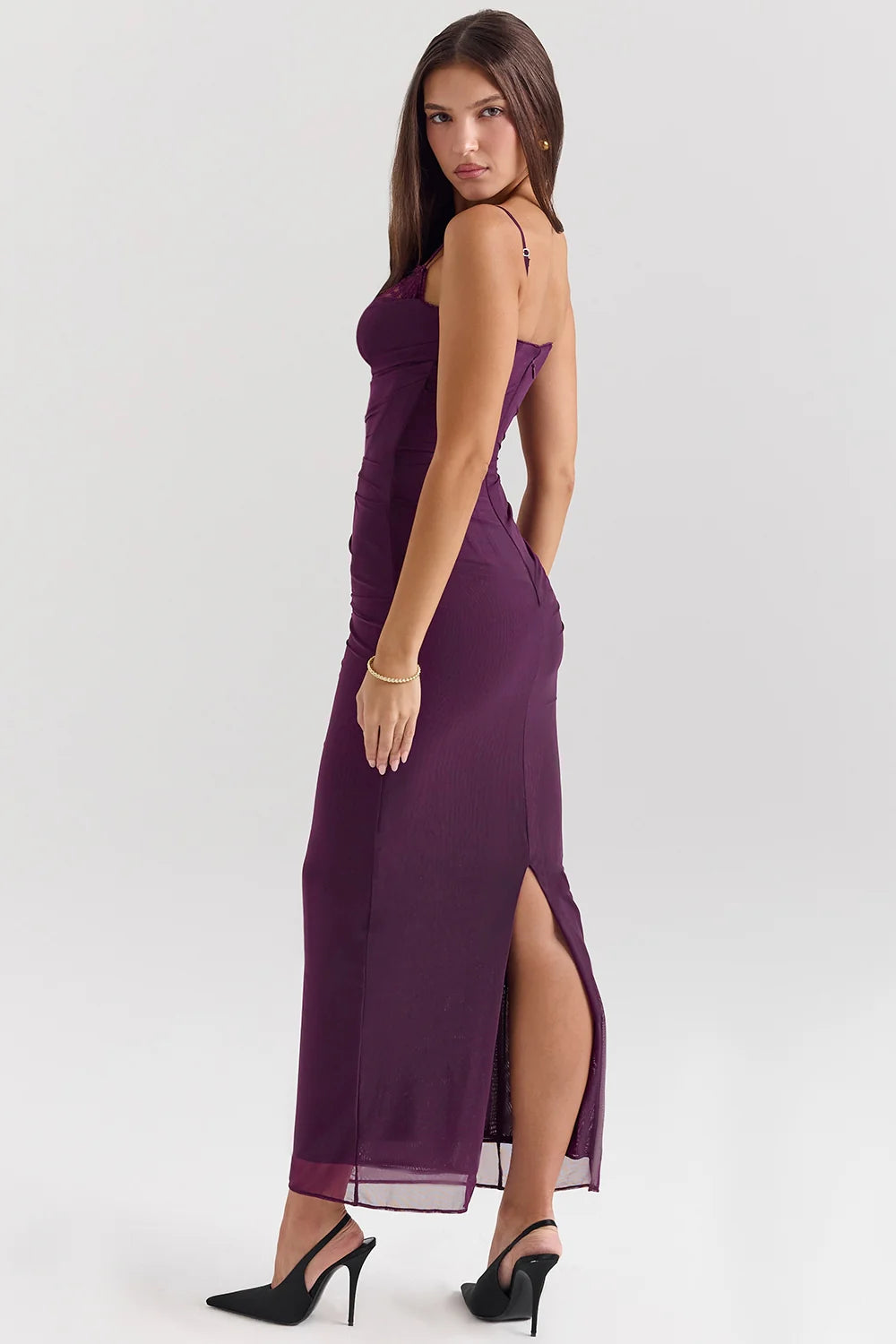 grape mesh corset maxi dress