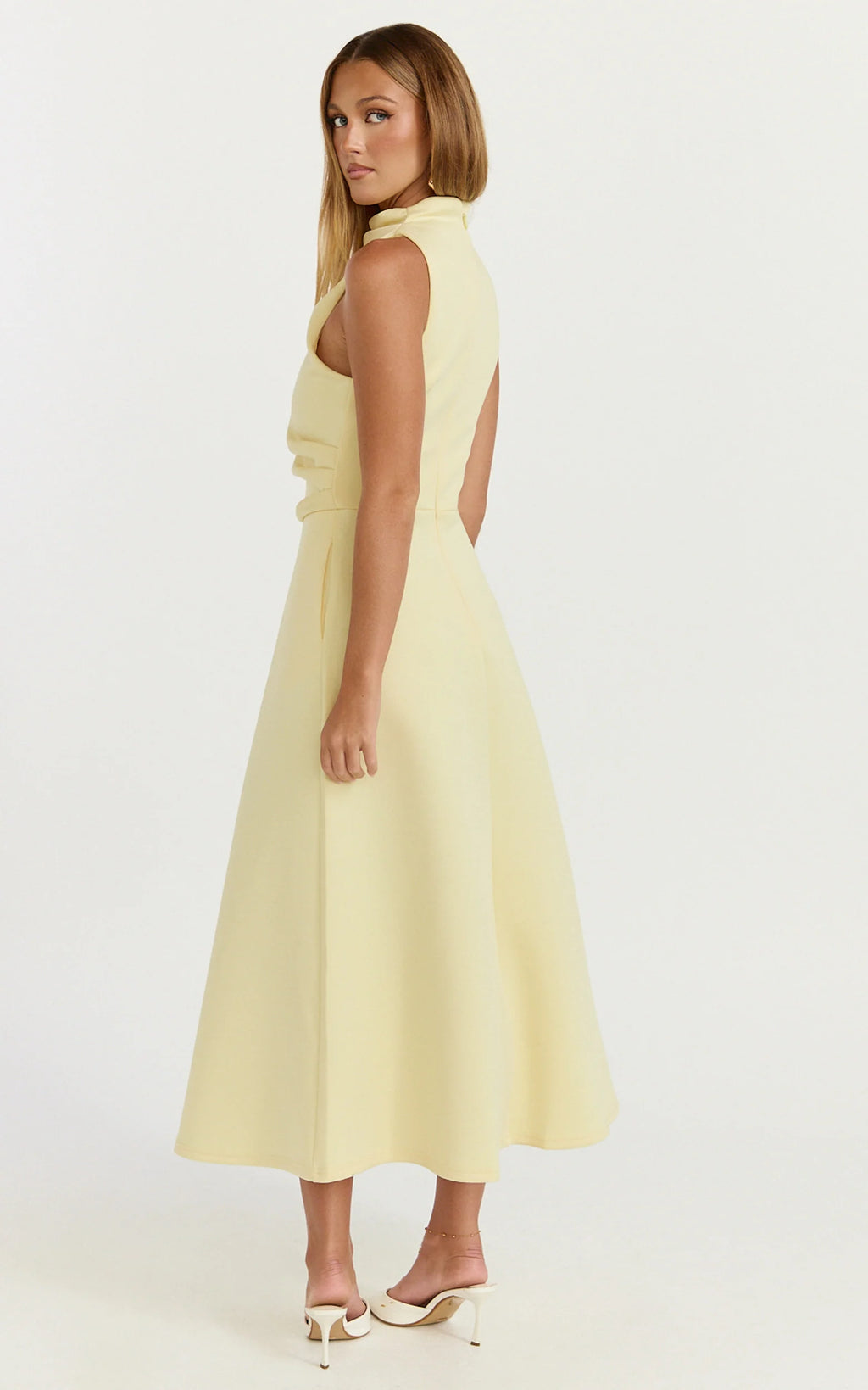 Macy Midi Dress - High Neck A Line Dress in Lemon