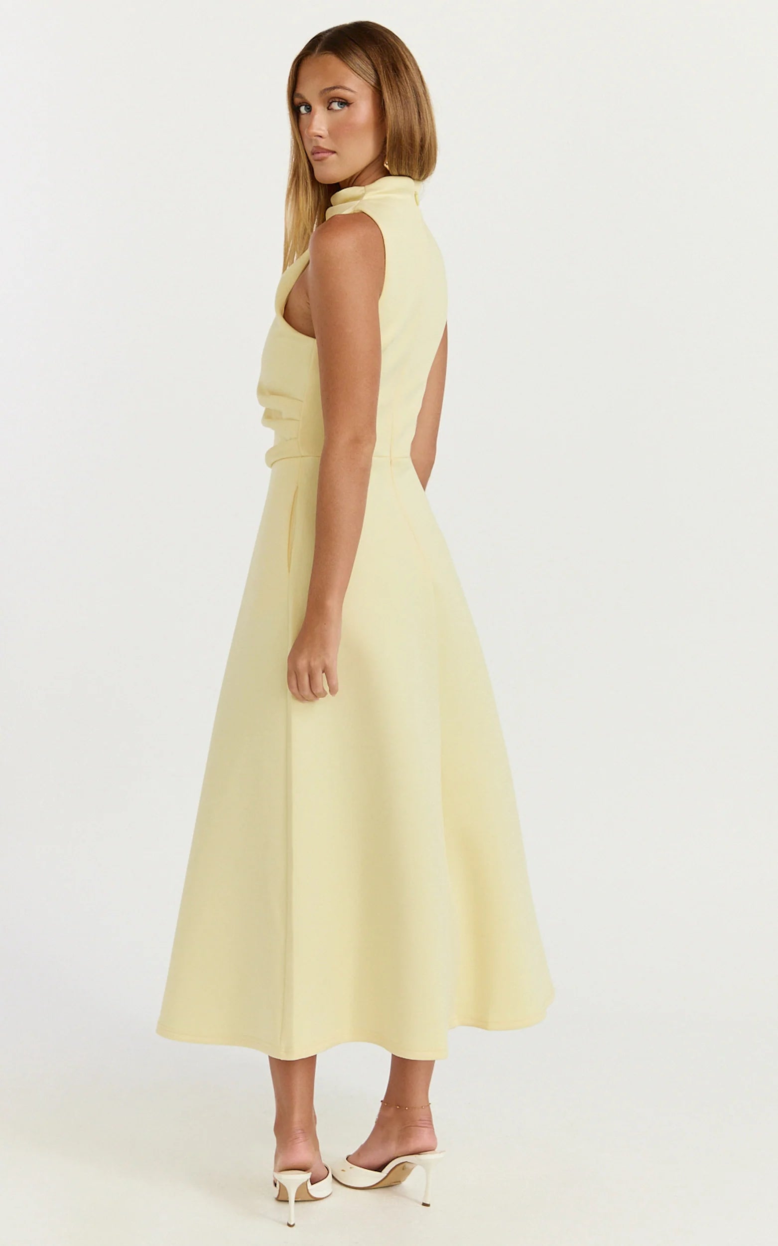 Macy Midi Dress - High Neck A Line Dress in Lemon