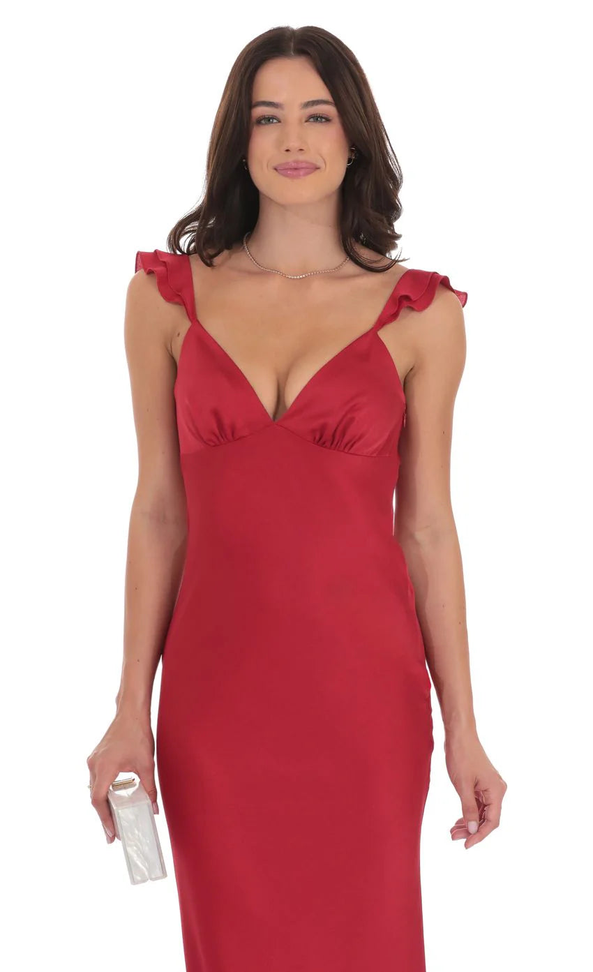 Satin Ruffle Open Maxi Dress in Red