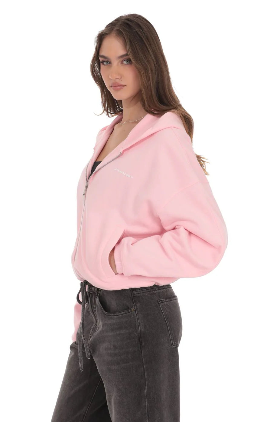 Cropped Fleece Zip-Up Hoodie in Pink