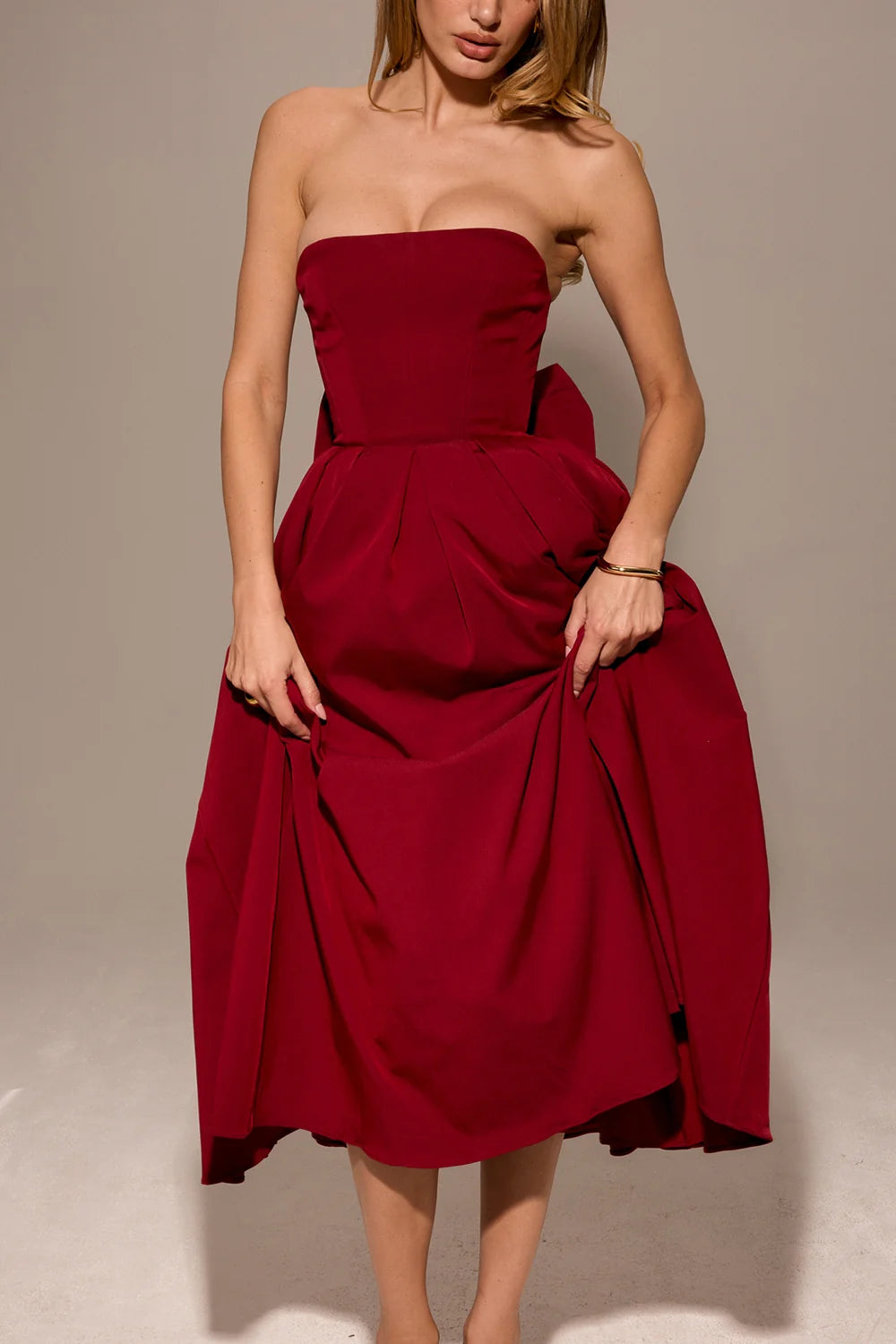 berry strapless detachable bow midi dress